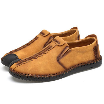 Men& Hand& Stitching& Leather& Slip& On Flats Loafers