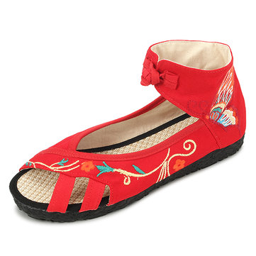 Mary Janes chinois brodé sandales boucle plat papillon chaussures de toile de motif