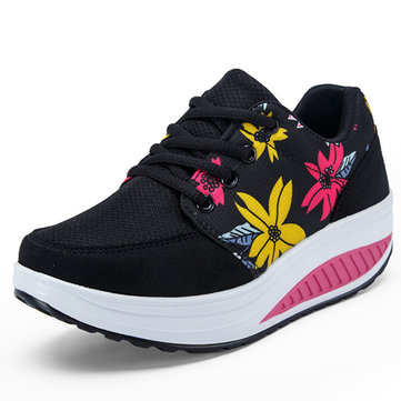 Femmes maille fleur casual extérieur lacets rocker sole chaussures de sport chaussures de sport plates