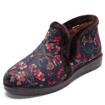 Chaussures de coton femmes hiver garder la doublure de fourrure chaude fleur bottes de neige plates