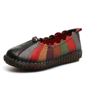 SOCOFY& Leather& Rainbow& Weave& Confortable& Vintage Flat Shoes