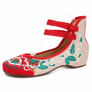 Grande taille femme Mary Janes chinois fleur brodée mocassins chaussures plates de lin