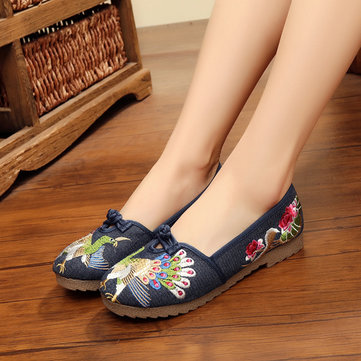 Peacock Chinoise Brodé Casual Slip On Flat Loafers