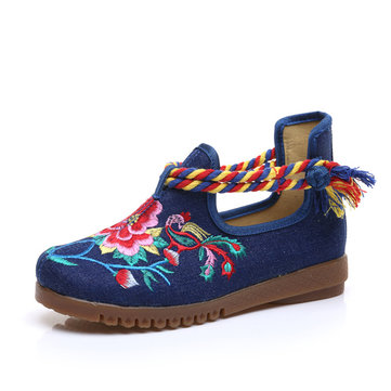 Chaussures de Broderie de Fleur Chinoise Bout Rond Boucle de l'Arc en Ciel