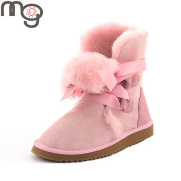 Mg nouvelles femmes d'hiver en peau de mouton en laine à talons bas chaussures plates garder à mi-mollet bottes de neige chauds