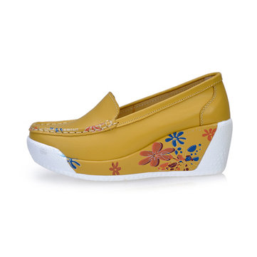 Imprimé floral cuir souple et confortable coin chaussures plate-forme de talon