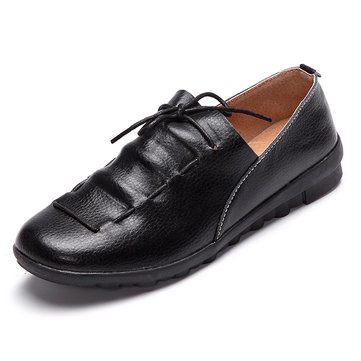 Décontracté décontracté dentelle en cuir souple en cuir rond orteil flat loafer chaussures